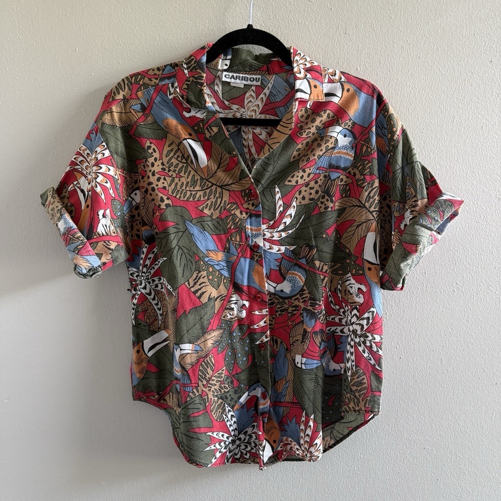 Vintage 80s 90s Tropical Tiger Toucan Bird Hawaiian Shirt Women's Medium